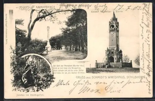 AK Berlin-Grunewald, Schildhorn, Schmidts Wirtshaus, Jatzko im Dankgebet, Säulendenkmal, Kaiser Wilhelm-Turm