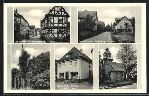 AK Dreihausen, Hauptstrasse, Evang. Kirche, Rossbergstrasse