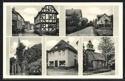 AK Dreihausen, Hauptstrasse, Evang. Kirche, Rossbergstrasse