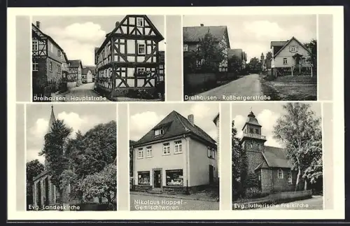 AK Dreihausen, Hauptstrasse, Evang. Kirche, Rossbergstrasse