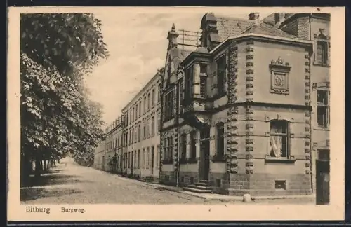 AK Bitburg, Burgweg, Strassenpartie mit Giebel-Eckgebäude