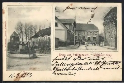 AK Fallingbostel /Lüneburger Heide, Ortspartie mit Turm u. Obelisk, Strassenpartie mit Geschäftshaus
