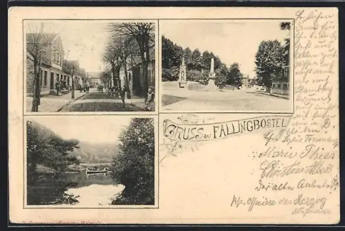 AK Fallingbostel, Denkmalsplatz, Strassenpartie, Flusspartie mit Boot