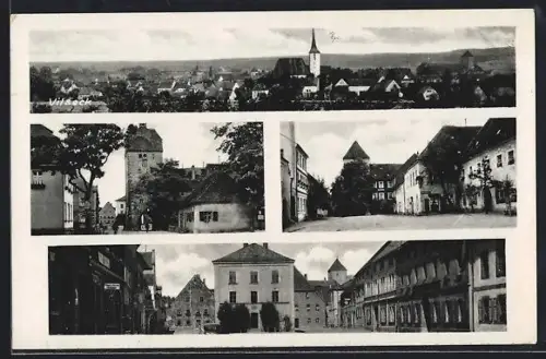 AK Vilseck, verschiedene Partien aus dem Ort, Panorama mit Kirche