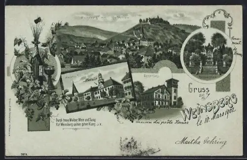 Lithographie Weinsberg, Kernerhaus, Markt u. Rathaus, Kernerdenkmal, Weibertreu