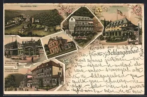 Lithographie Schlangenbad, Totalansicht, Nassauer Hof, Taunusblick-Chausseehaus, Victoria-Hotel & Kurhaus