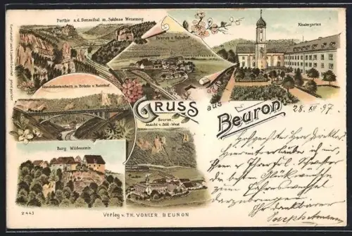 Lithographie Beuron, Klostergarten, Ortsansicht vom Bahnhof, Burg Wildenstein