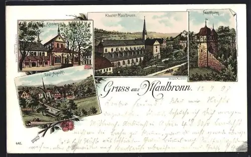 Lithographie Maulbronn, Kloster, Faustthurm, Totalansicht