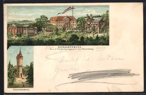 Lithographie Nürnberg, Gasthaus Schmausenbuck, Blick zum Aussichtsthurm