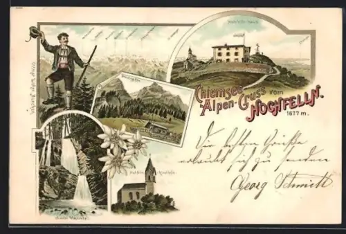 Lithographie Hochfelln-Haus, Hochfelln-Kirchlein, Brünling-Alm