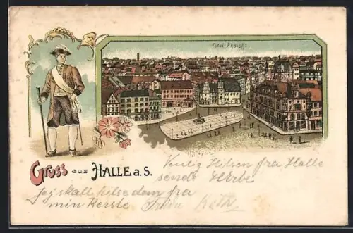 Lithographie Halle a. S., Totalansicht mit Brunnenplatz, Zeremonienmeister