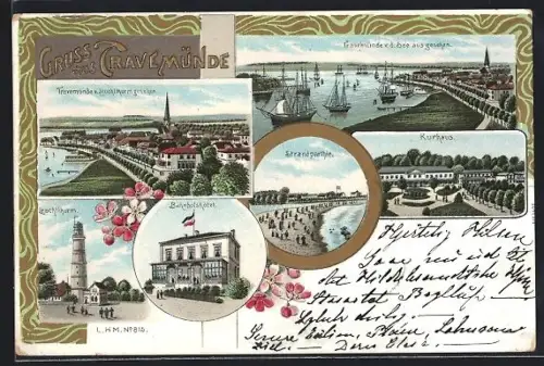Lithographie Travemünde, Bahnhofshotel, Kurhaus, Leuchtthurm