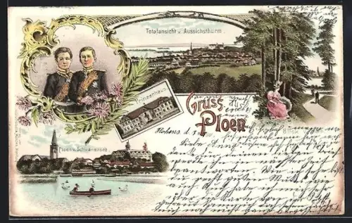 Lithographie Ploen, Totalansicht vom Aussichtsturm & vom Schwanensee, Prinzenporträt & Prinzenhaus