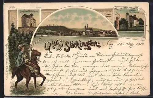 Lithographie Säckingen, Scheffels Wohnhaus, Schloss Schönau, Trompeter von Säckingen