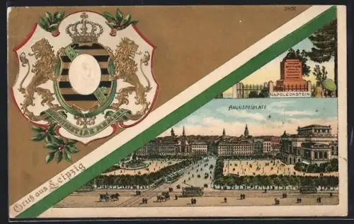 Passepartout-Lithographie Leipzig, Augustusplatz mit Strassenbahnen, Wappen