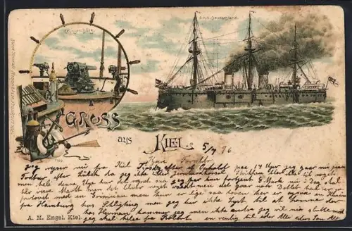 Lithographie Kiel, SMS Deutschland auf dem Wasser, Heckgeschütz, Anker u. Rettungsring