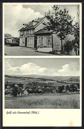 AK Hermesdorf /Rhld., Gasthaus z. Post, Inh. Ed. Donner, Ortsansicht mit Feldern
