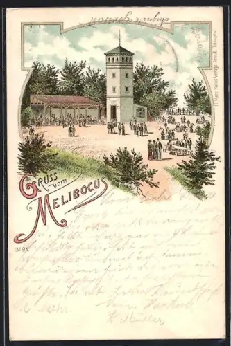 Lithographie Zwingenberg, Gasthof Melibocus mit Aussichtsturm