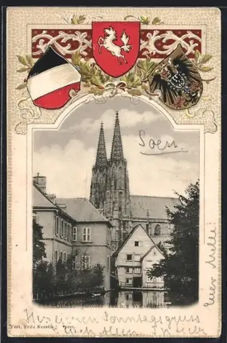 Passepartout-Lithographie Soest, Grosser Teich, Wiesekirche, Wappen