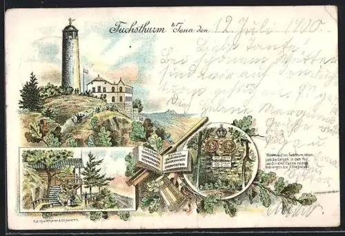 Lithographie Jena, Fuchsturm, Aussichtsturm mit Wanderheim