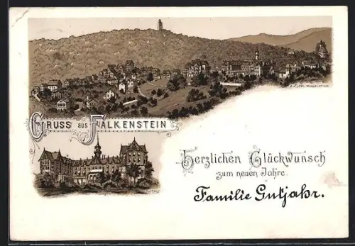 Lithographie Falkenstein, Ortsansicht mit Hügelpanorama