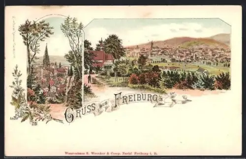 Lithographie Freiburg i. B., Ortsansicht mit Kirche und Hügeln