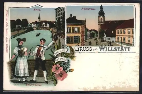 Lithographie Willstätt, Kinzig, Hauptstrasse, Bauerntrachten