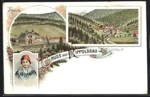 Lithographie Rippoldsau, Klösterle, Ortsansicht im Tal