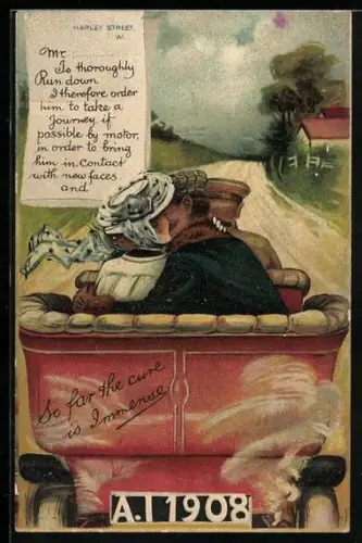 Künstler-AK Verliebtes Paar auf dem Rücksitz eines Cabriolets, Auto