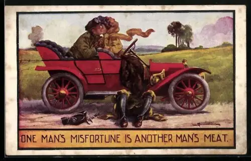 AK Mechaniker unter einem Auto mit küssendem Paar