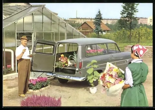 AK Auto Ford Taunus 12 M Kombi, Blumentransport im Floristik-Betrieb, Reklame