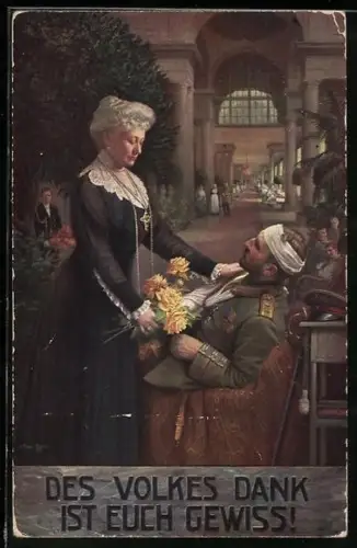 AK Kaiserin Auguste Victoria von Preussen überreicht verletztem Soldaten Rosenstrauss