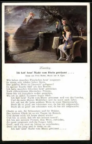 Künstler-AK Liebespaar am Loreleyfelsen bei Mondschein, Ich hab` heut Nacht vom Rhein geträumt...