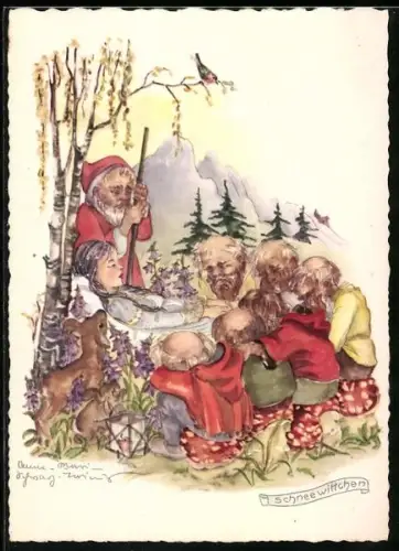 Künstler-AK Schneewittchen, die sieben Zwerge trauern um Schneewittchen