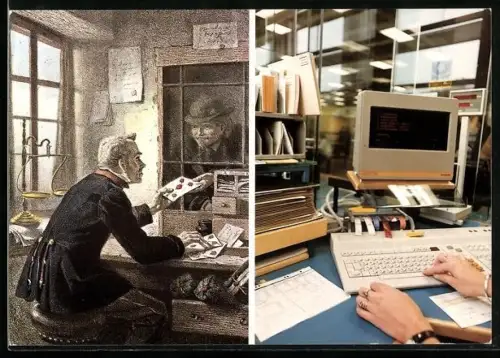 AK Postschalter 1854 und Schalterterminal 1983, Postgeschichte