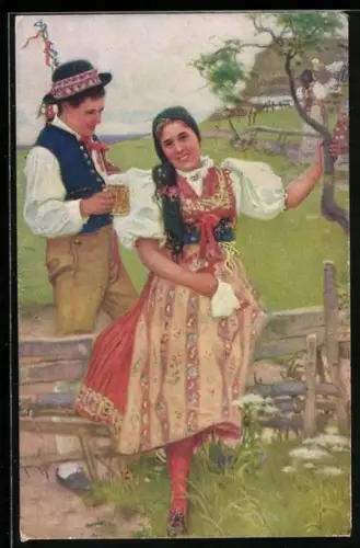 Künstler-AK sign. J. Douba: Fröhliches Pärchen in Trachten mit Bier