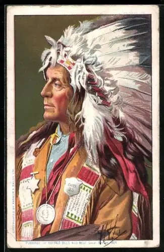 AK Indianerhäuptling mit prächtigem Federschmuck, Völkerschau, Buffalo Bill`s Wild West