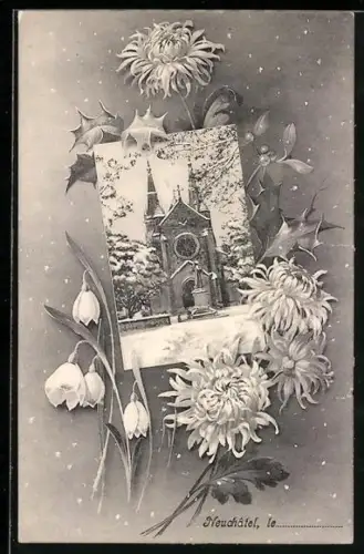 AK Neuchâtel, Kirche im Winter, Schneeglöckchen, Blumen