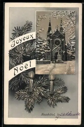AK Neuchâtel, Kirche im Schnee, Weihnachtsgruss