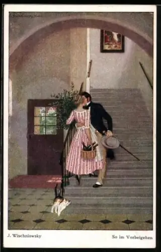 Künstler-AK sign. J. Wischniowsky: So im Vorbeigehen, Mann küsst Frau auf der Treppe