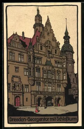 Steindruck-AK Dresden, Georgentor mit Schlossturm