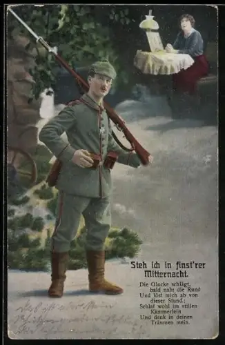 AK Soldat mit geschultertem Gewehr denkt an seine Frau, Steh ich in finst`rer Mitternacht