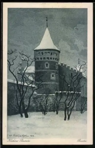 Künstler-AK Kraków, Bastei im Winter