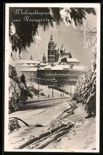 AK Königgrätz / Hradec Kralove, Teilansicht mit Kirche im Winter