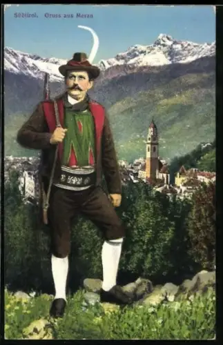 AK Meran, Ortspartie vor Bergpanorama, Jäger in Tracht