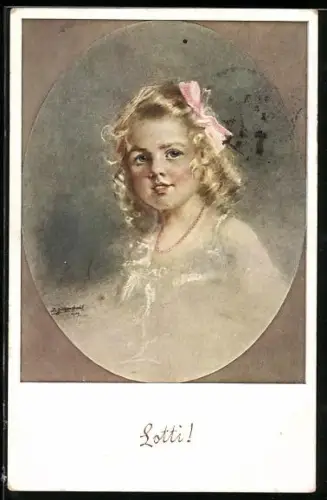 Künstler-AK sign. B. Zickendraht: Lotti mit rosafarbener Schleife im Haar