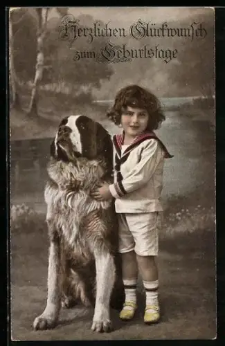 AK Kind mit Bernhardiner vor Landschaftskulissse