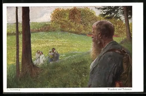 Künstler-AK Ludwig Fahrenkrog: Wandern und Träumen, Alter Wanderer schaut zu den Pärchen am Waldrand