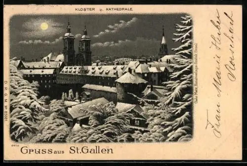 Winter-Lithographie St. Gallen, Kloster u. Kathedrale