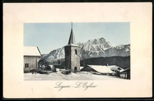 AK Leysin, Ortspartie mit Kirche im Schnee, L`Eglise